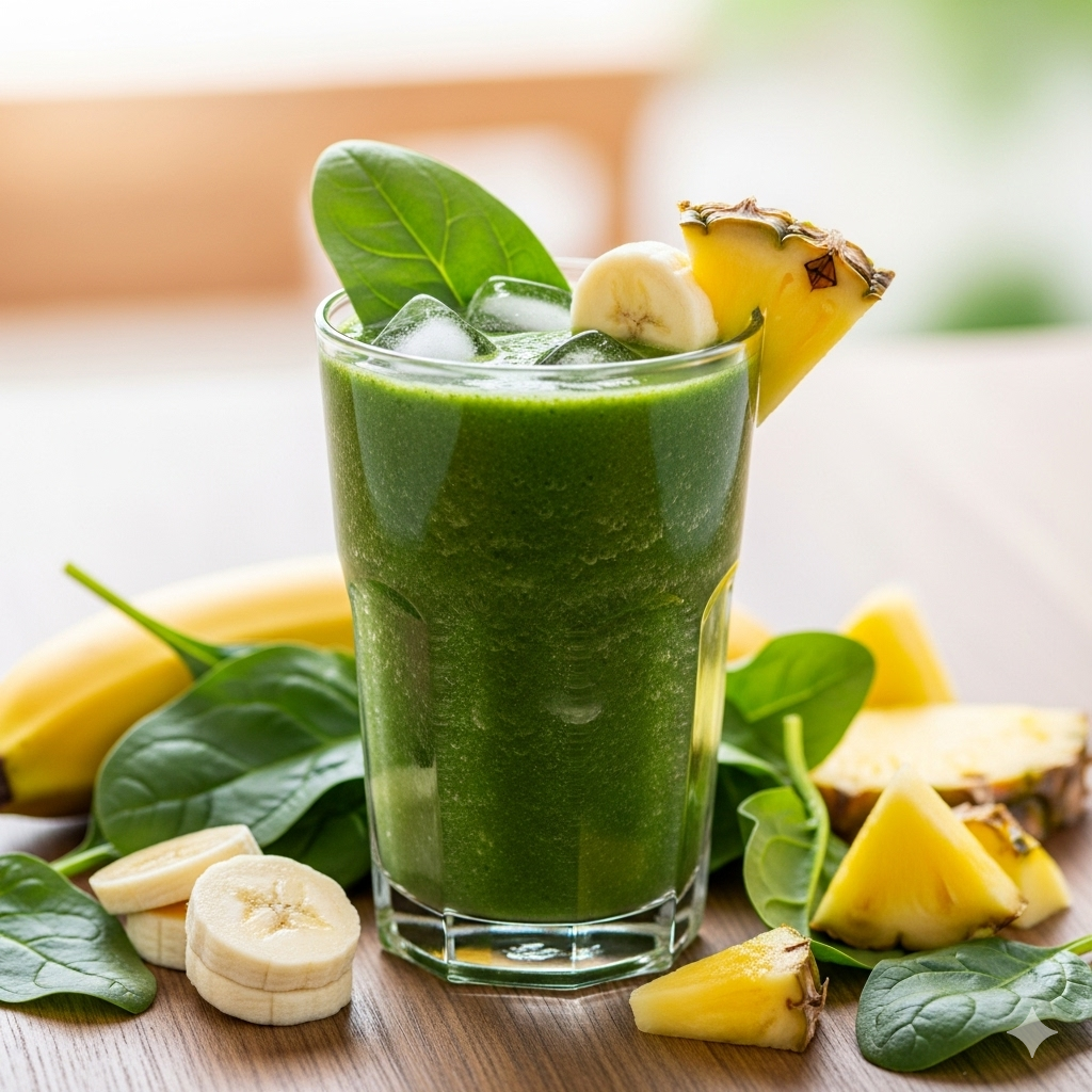 Smoothie verde energizante con espinaca, plátano y piña