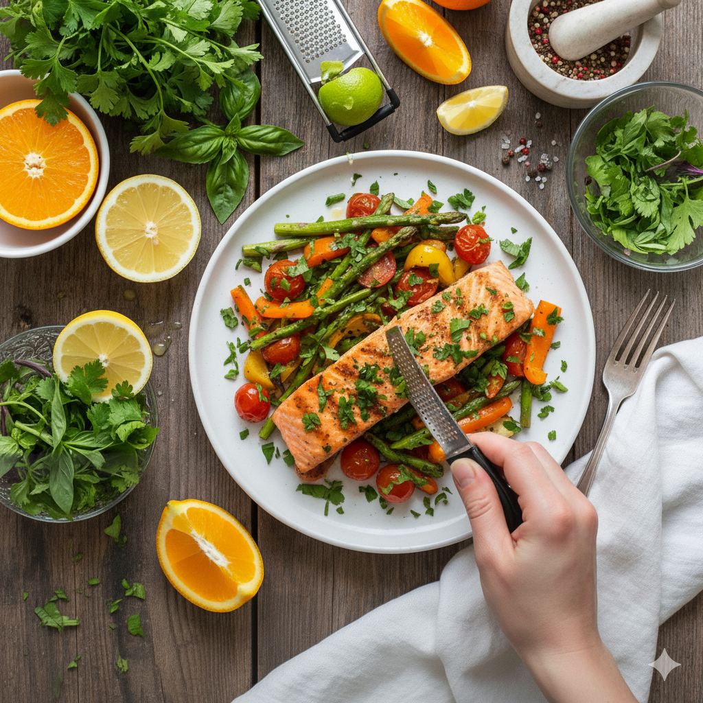 tip de cocina saludable para reducir sal con hierbas y cítricos